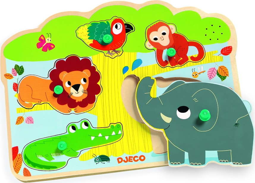 Dřevěné vkládací puzzle s motivy zvířátek z jungle se zvuky Djeco DJECO