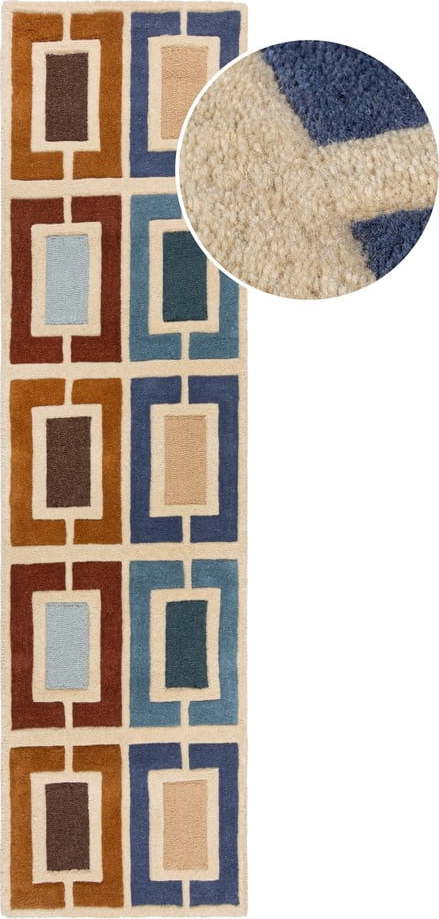 Modro-oranžový ručně tkaný vlněný běhoun 60x230 cm Retro Blocks – Flair Rugs Flair Rugs